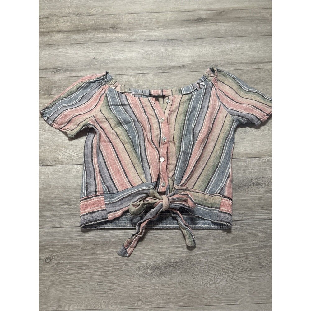 Anthropologie DREW Shirt Women's Sz S Cropped Boho Linen Blend Tie-Front Blouse
